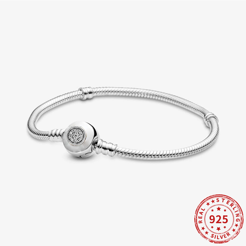 Vero argento sterling 925 zircone tondo fibbia bracciale in argento dorato misura originale Pan bead charm bracciale donna gioielli 2020: Silver / 18 centimetri