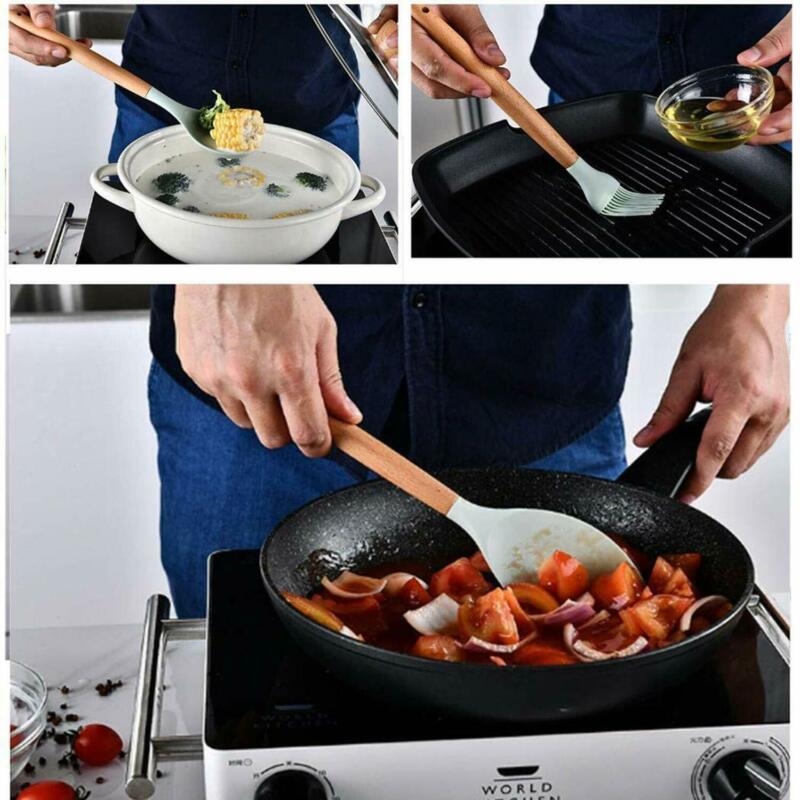Muestra de juego de utensilios de cocina de silicona moderna 12 Uds mangos de madera espátula de cocina para no Stic