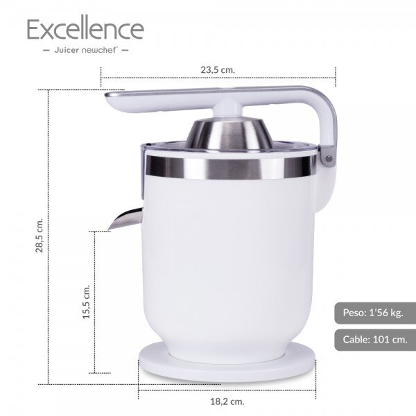 CHEF-Exprimidor Eléctrico Zumo de Palanca Juicer Excellence Blanco(300W),2 Tamaños Cono,con Función Antigoteo