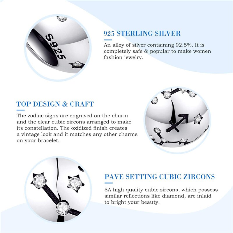 Codemonkey original sterling silber 925 sternbild-zodiak-rundperlen 12 passend für original 3mm armbandanhänger, cmc 1218