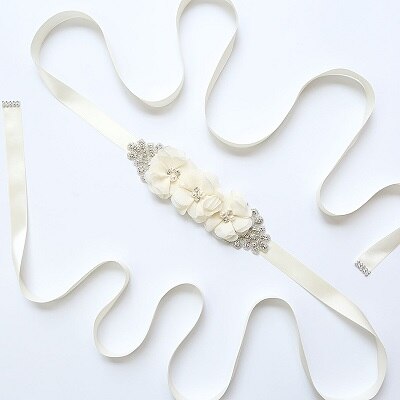 Zomer strand bruiloft bloemen riemen voor bruid parel chiffon bloemen riemen sjerpen kristal bruidsaccessoires ceinture mariage: Ivoor