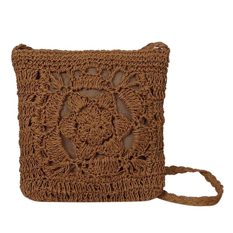 Gusure bohemian geweven uitgeholde strandtas dames gehaakte franje stro handgemaakte tassen breien weven boho zomertas: Bruin