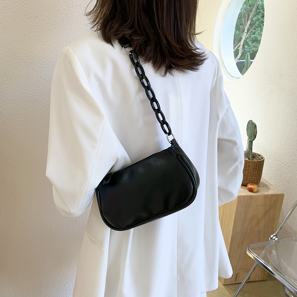 Chic femmes chaîne sous les bras sacs à bandoulière Texture classique solide fourre-tout décontractés petits sacs à main
