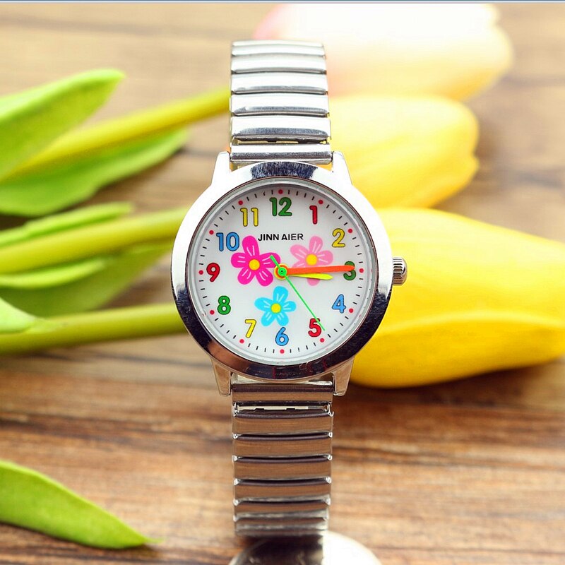 Jongens meisjes vrouwen mooie bloemen wijzerplaat relojes flexibele elastische band gemakkelijk te dragen kleurrijke cartoon horloge