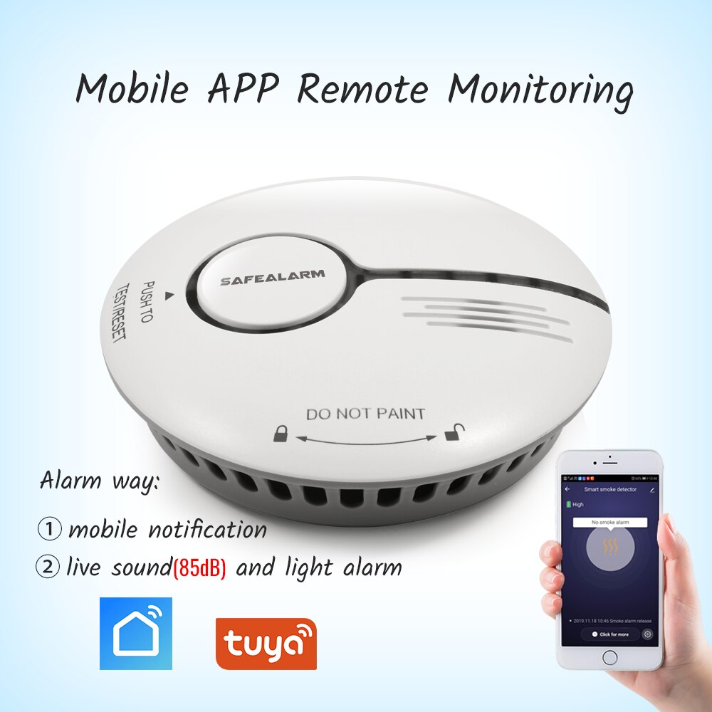 CE Certified Tuya Smart Home Security Battery Operated Fire Smoke Detector with Mobile Remote Monitoring