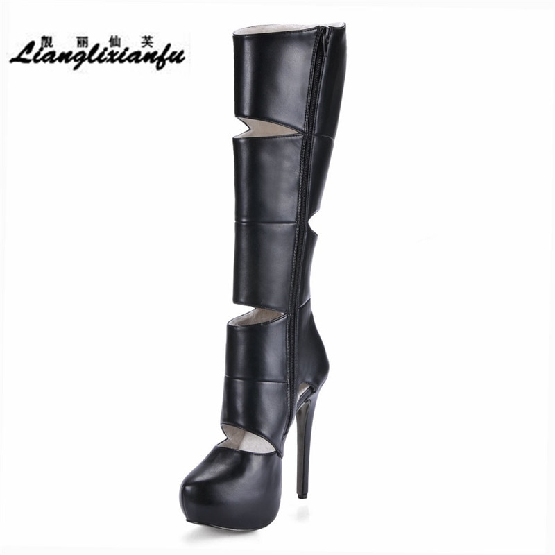 LLXF évider genou-hautes plates-formes chaussures femme bottes moto 14 cm mince à talons hauts zapatos mujer pompes noir fermeture éclair botas