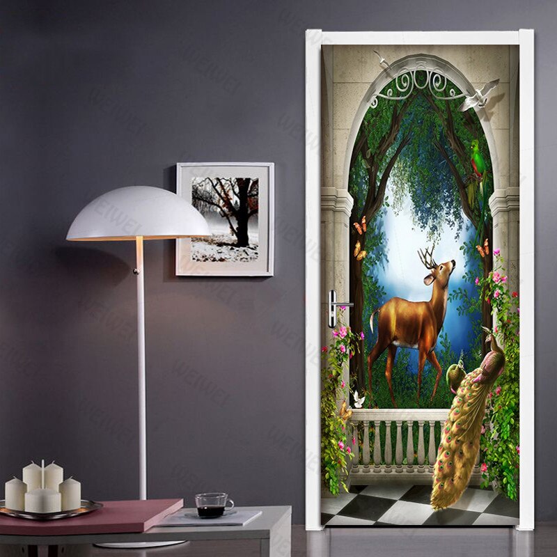 Peacock Deer 3D Door Sticker Mural Living Room Children Room Bedroom Door Decoration Photo Wallpaper Pvc Waterproof Wall Decals