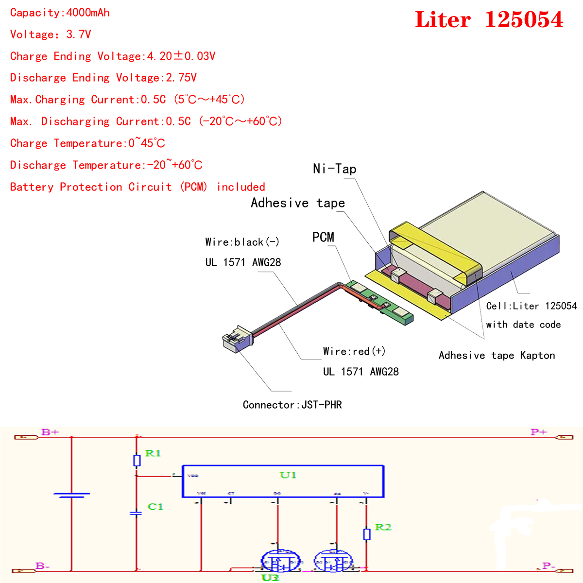 JST XHR 2.0mm 2pin 3.7V 4000mah 125054 Lithium Polymer LiPo Rechargeable Battery For Mp3 Mp4 Mp5 DIY