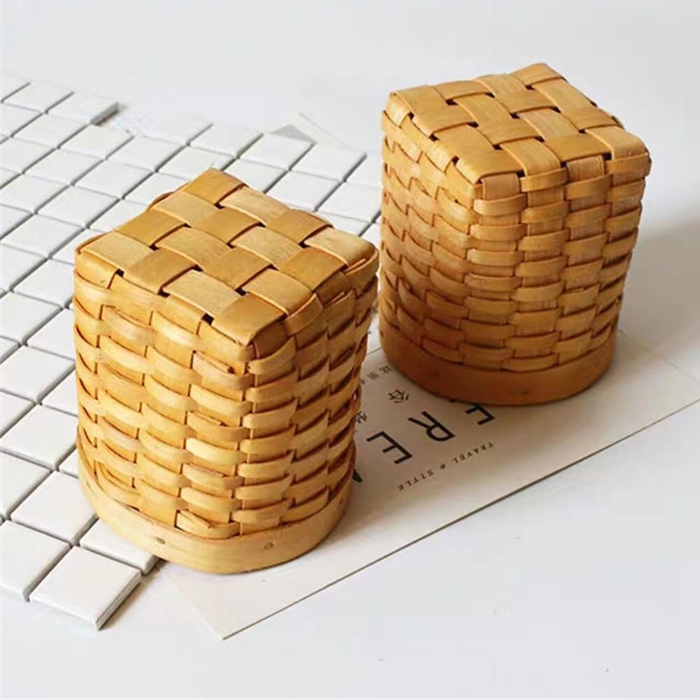 Pen Holder Hand-Woven Wood Pen Pencil Storage Box Desk Pen Cup Organizer for Small Objects