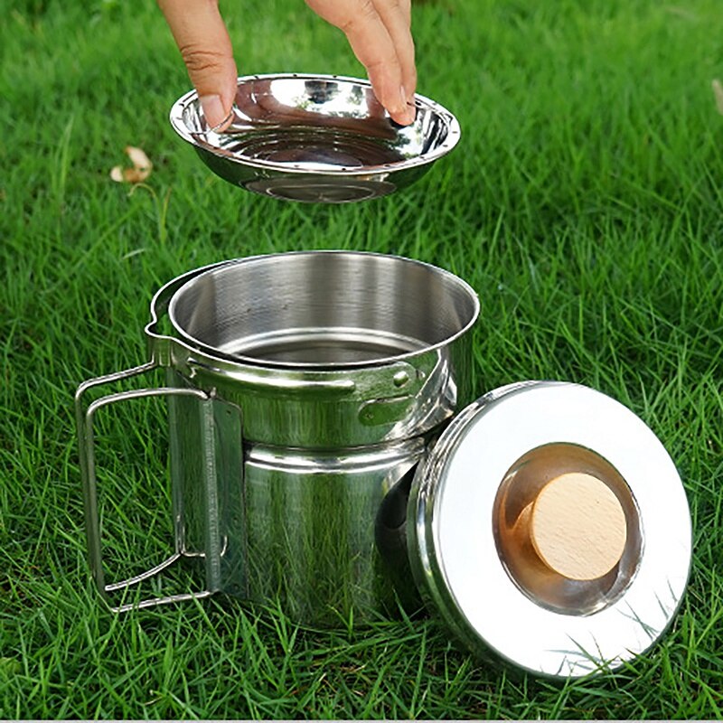 Outdoor Stainless Steel Portable Pot Camping Set Steamer Kettle Pot for Picnic Barbecue Mountaineering Foldable Handle