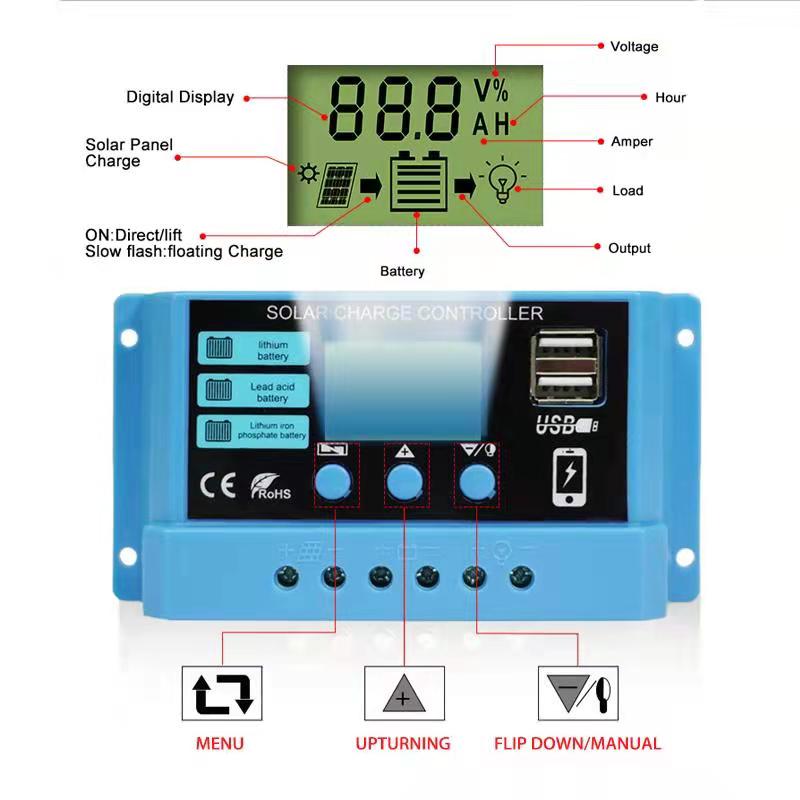 12v/24v lcd aurinkopaneelien lataussäädin 20a 12v/24v automaattinen joustavalle aurinkopaneelille 100w-200w
