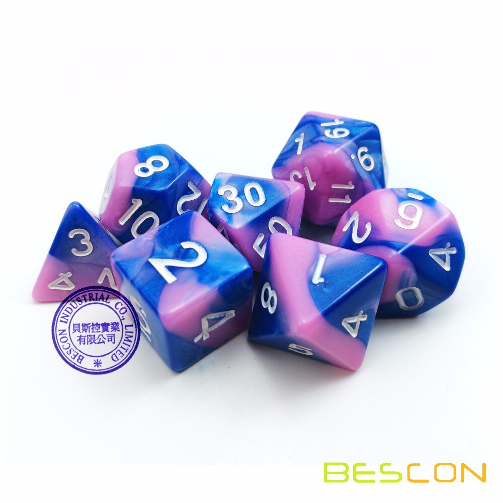 Bescon Gemini Polyhedral Dice Set Myosotis, Two-tone RPG Dice Set of 7 d4 d6 d8 d10 d12 d20 d% Brick Box Pack