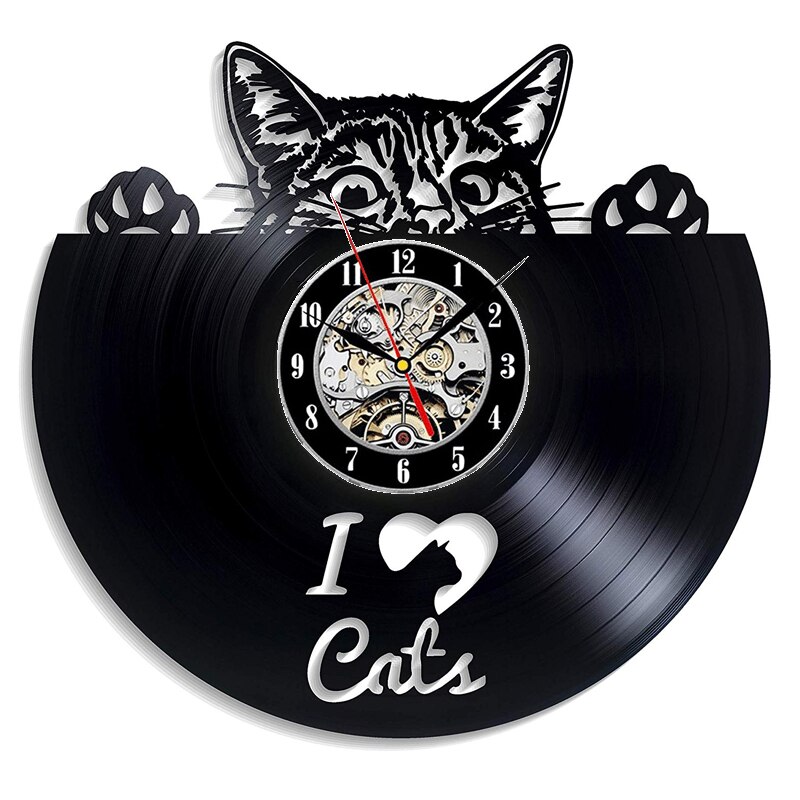 Relógio de parede vintage de gato meow, relógio para parede com gravação de vinil, design moderno e decoração 3d de gato, para pendurar