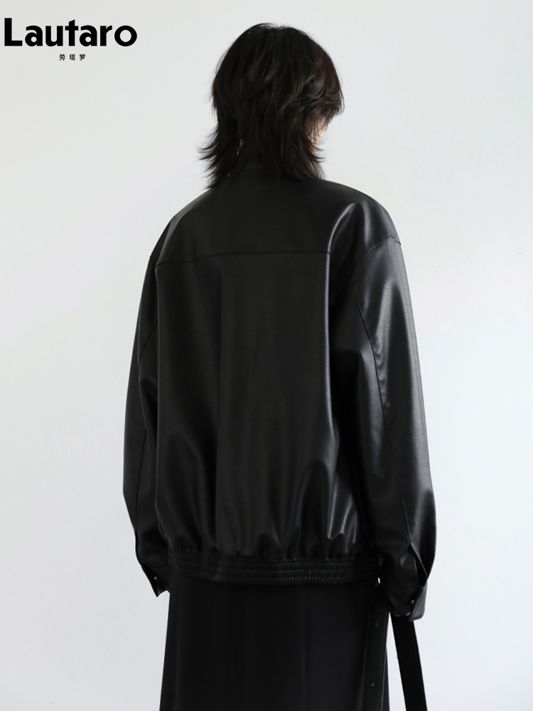 Lautaro-oversized PU-leren jas voor dames, verlaagde schouder, lange mouw, ritssluiting, bruin, zwart, cool, unisex kleding, lente