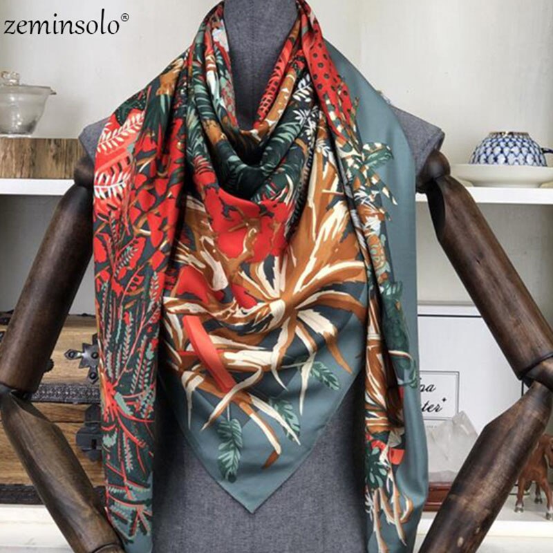 100% Twill Silk Square Scarf Women Scarves Shawls Floral Print Neckerchief 130*130cm Bandana Satin Female Foulard Scarf: Army Green