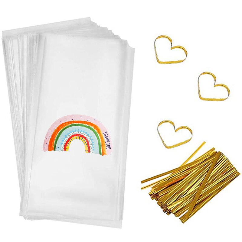 50Sets 100Sets Transparant Clear Plastic Zak Snoep Cookie Brood Toast Cellofaan Zak Met Afdichting Twistties Regenboog Sticker