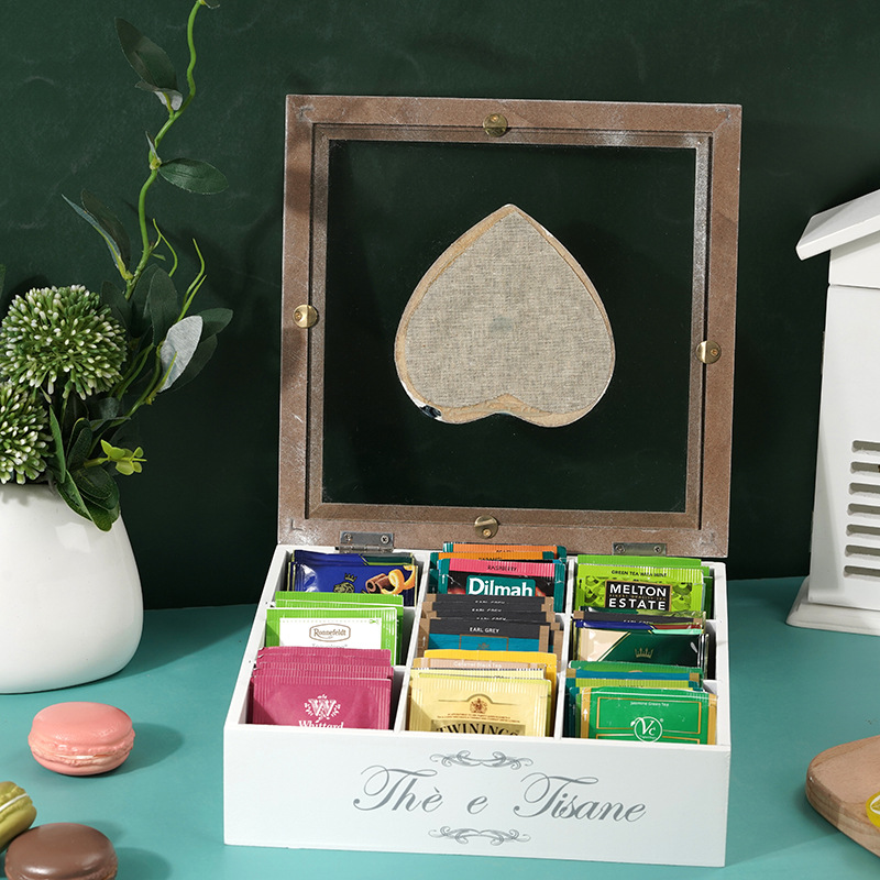 Wooden Tea Organizer for Tea Bags - Wooden Tea Chest with 9 Compartments - Clear Top Window - Lid Stays Open