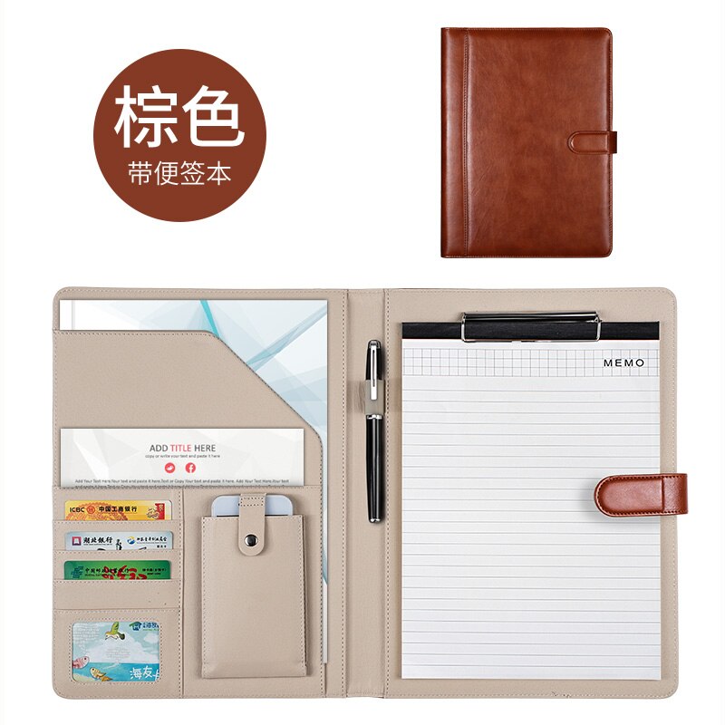 A4 faux leather file folder for documents business manager contract folder holder with refill paper clip cellphone pocket 1314B: Auburn