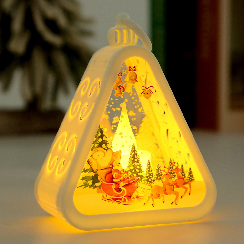 Christmas Triangle Lantern Plastic Santa Claus Snowman Tree Festival Lamp Mini Table Ornaments Home Decoration Party Scene Props: Olive