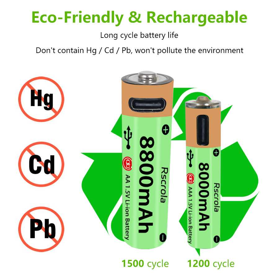 Baterías recargables AA AAA tipo C de alta capacidad, ciclo de larga duración, batería de iones de litio de 8800mAh y 8000mAh que funciona en temperatura extrema
