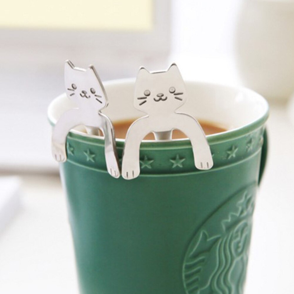Cuchara con forma de gato, cuchara para té o café, taza colgante de acero inoxidable, cucharas de té, minicuchara largo lindo para gatito, cuchara agitadora para postre