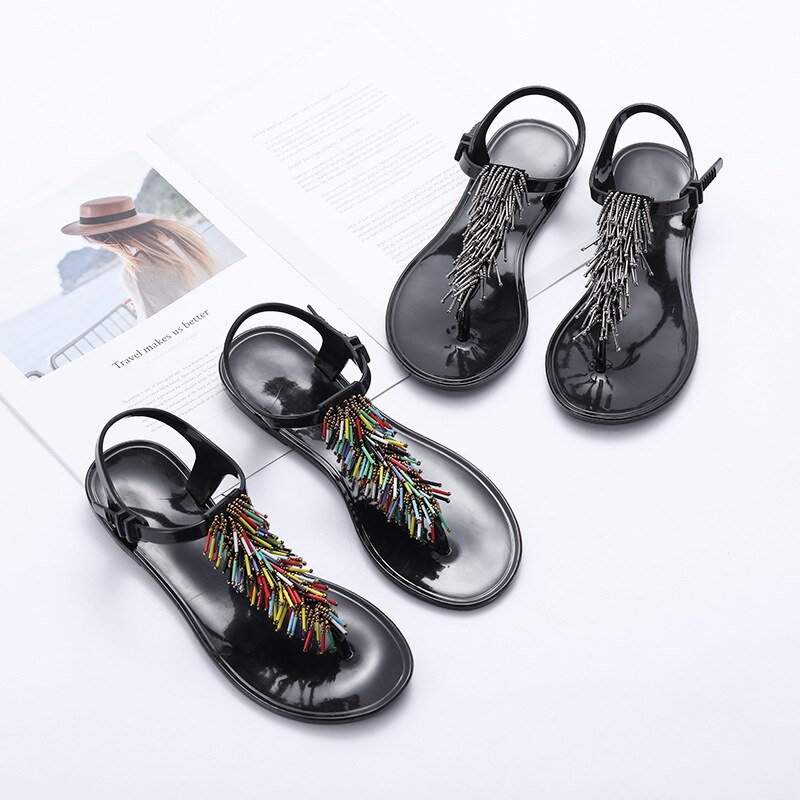 Flip flops sandaler med perler sorte komfortable kvinder flade sandaler strandsko til dame zapatos de mujer wsh 3542