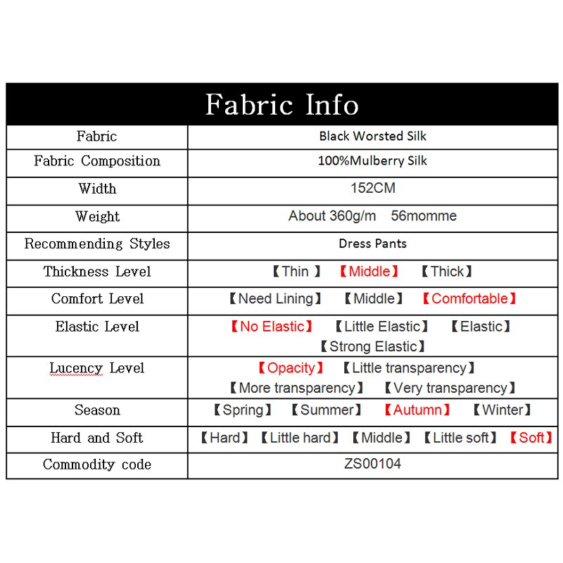 The Cloth 56momme Black Worsted Silk Fabrics Mulberry Silk Materials Autumn Women Pants Dress Sewing Cloth