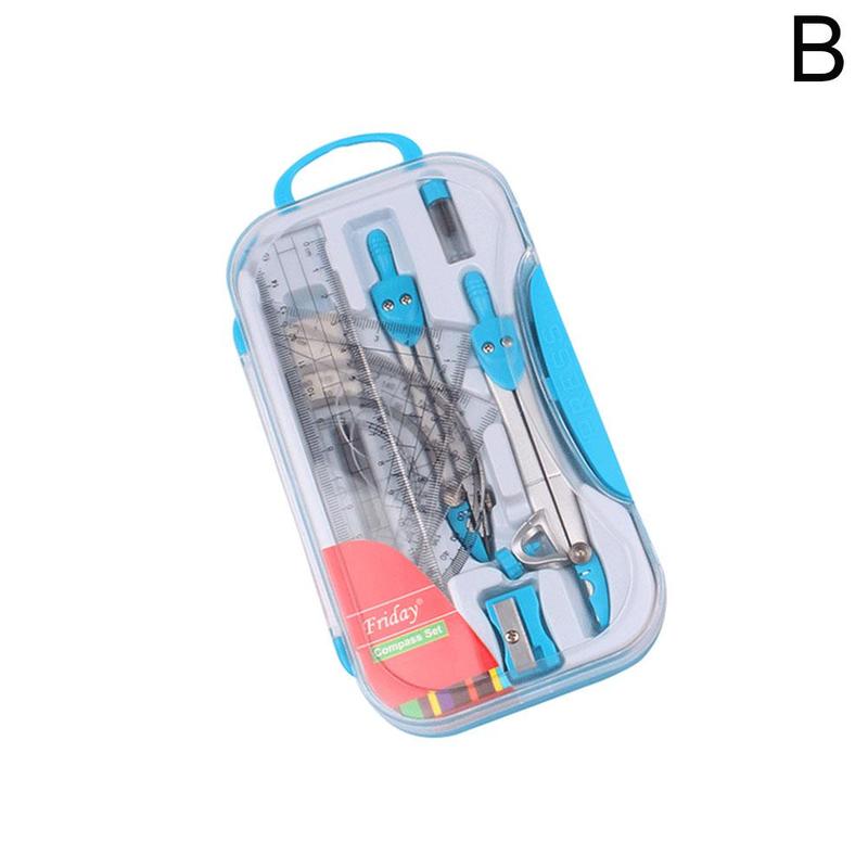 1 Set Plastic Metal Ruler Geometry Protractor Maths School Mathematical Stationery Drawing Compasses Students For Office Ru H9L9: Blue