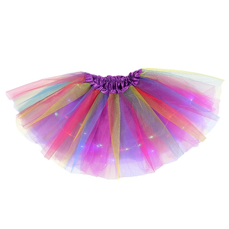 Meisje Gelaagde Regenboog Tutu Rokken Prinses Led Licht Dansen Ballet Tule Rok D5QA