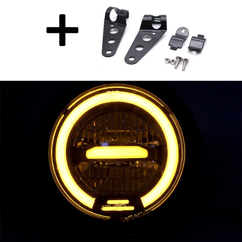 Faro redondo LED para motocicleta de 6,5 pulgadas, 12v, Luz De Carretera, Universal, para Café Racer, Vintage: 1x Yellow Bracket