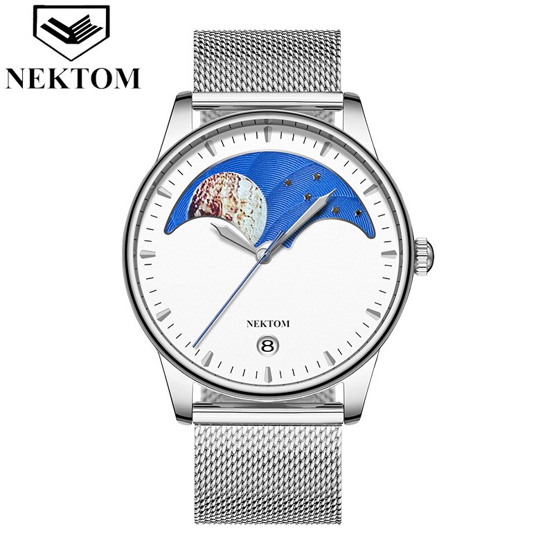 Nektom Echt Mesh Riem Heren Quartz Horloge Ultra-Dunne Kalender Waterdichte Student Paar Horloge: WHITE