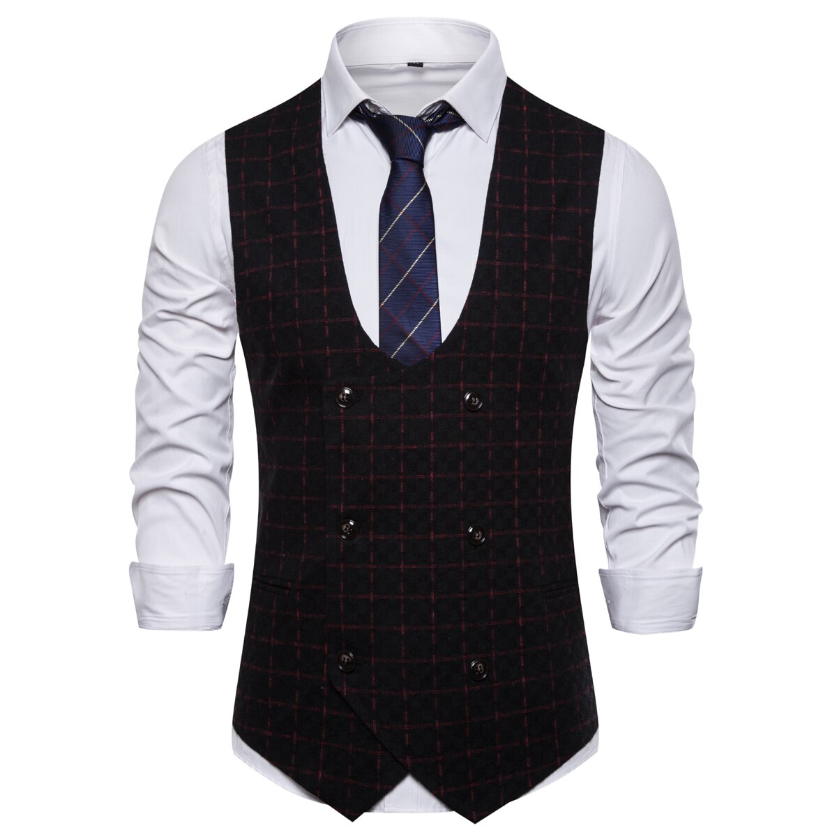 Ærmeløs jakkesæt til mænd vest i britisk stil dobbeltradet ternet vest slim fit ærmeløs jakke formel business vest: Sort rød jakkesætsvest / Asiatisk størrelse l