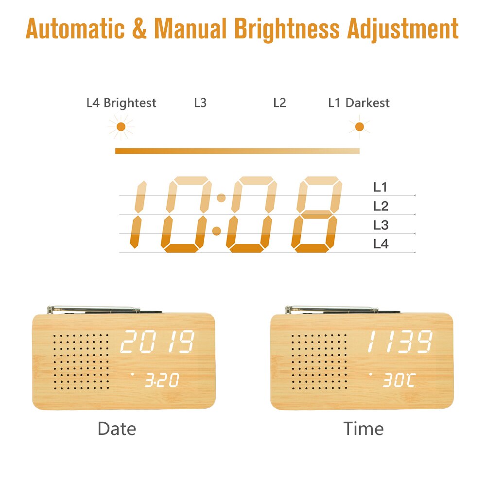 Xiaokoa FM Radio Bamboo LED Electronic Display with LED Clock Desktop Micro Portable Radio Home Radio Mini Temperature Display
