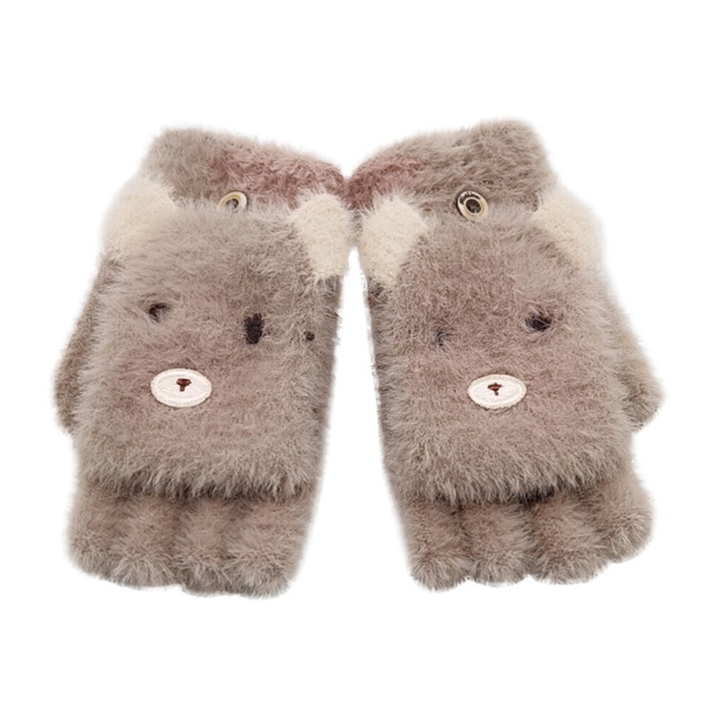Women Winter Student Adult Christmas Deer Convertible Flip Top Fingerless Gloves Five-pointed Warm Mittens Gloves Fingerless: Brown