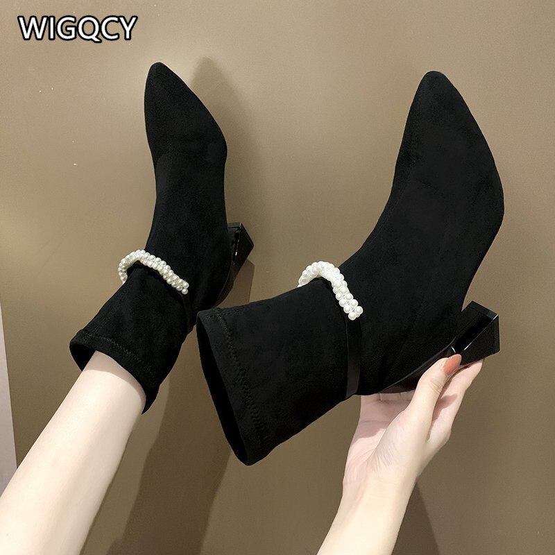 Herfst winter dames retro hoge hakken dames dikke hak mid-tube puntige parel antislip dames laarzen