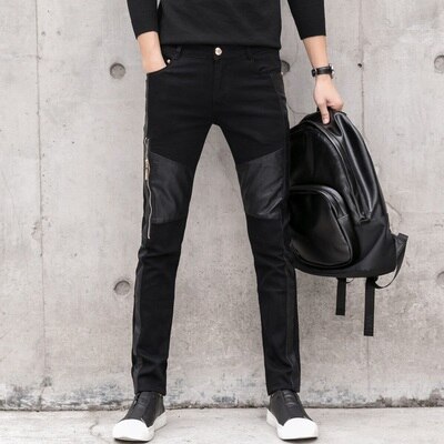 Pu læderbukser mænd imiteret læderbukser skinny koreansk lynlås patchwork bukser sorte blyantbukser mænd: 30