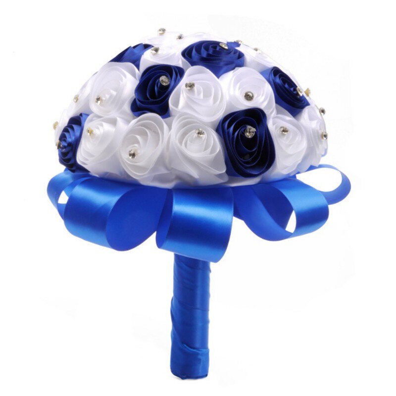 Beautiful White Crystal Roses Pearl Bridesmaid Purple Royal Blue Wedding Bouquet Bridal Artificial Silk Flowers Decoration #7: Blue