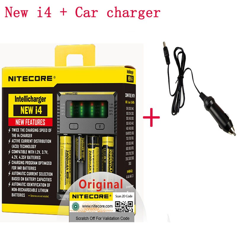 Nitecore I4 Battery Charger 18650 14500 16340 26650 LCD Li-ion Fast Charger 12V Charing for A AA AAA Battery Car Charger C2: i4 and car charger / EU