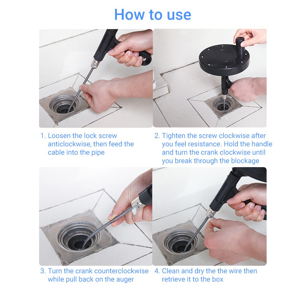 Cable Auger Plumber's Snake Flexible Steel Cable with Spool Hand Crank Shower Sink Toilet Drain Clog Plumbing Snake Pipe Cleaner