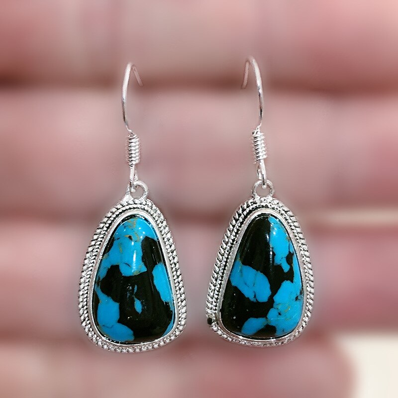 Big Vintage Eye Shape Synthetic Turquoises Earrings for Women Antique Silver Plated Jewelry Earring To Girlfriend: 3