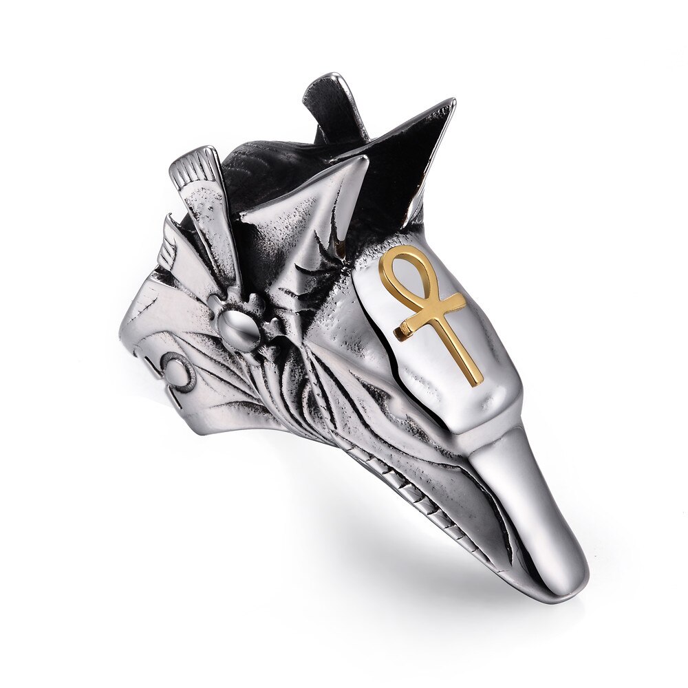 Bleknar aldrig rostfritt stål egypten kors anubis gud fingerringar för män kvinnor punk varghuvud knogring boho statement smycken
