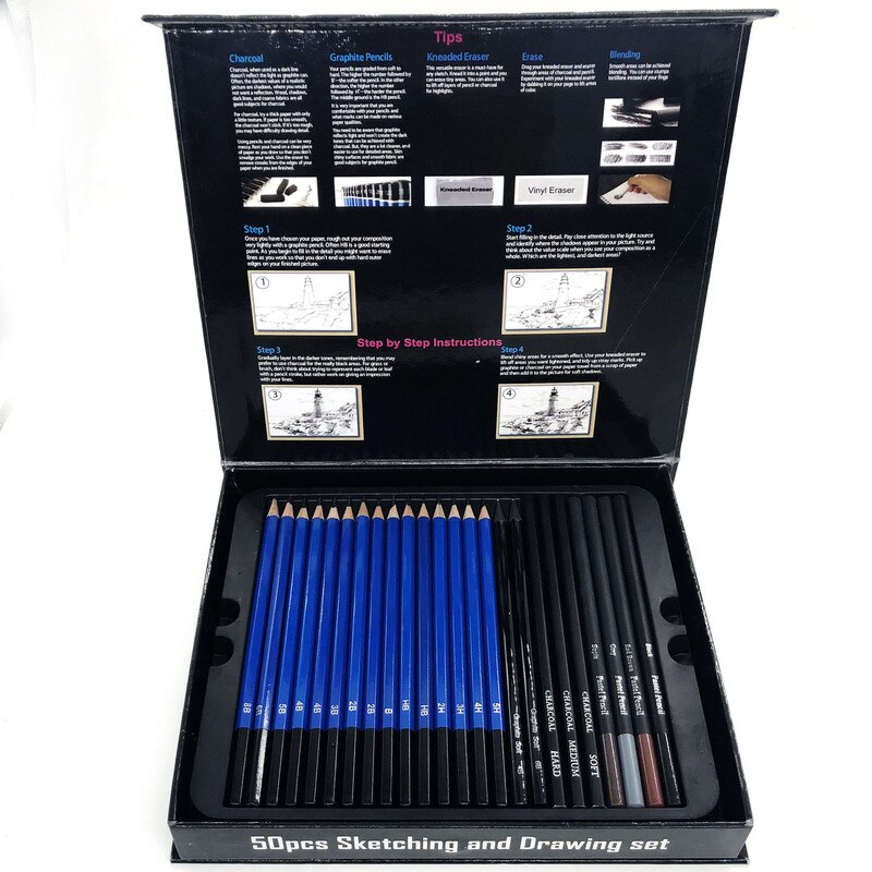 50 st/set skiss ritning penna set med kol gummi konst pensel skiss målning tillbehör