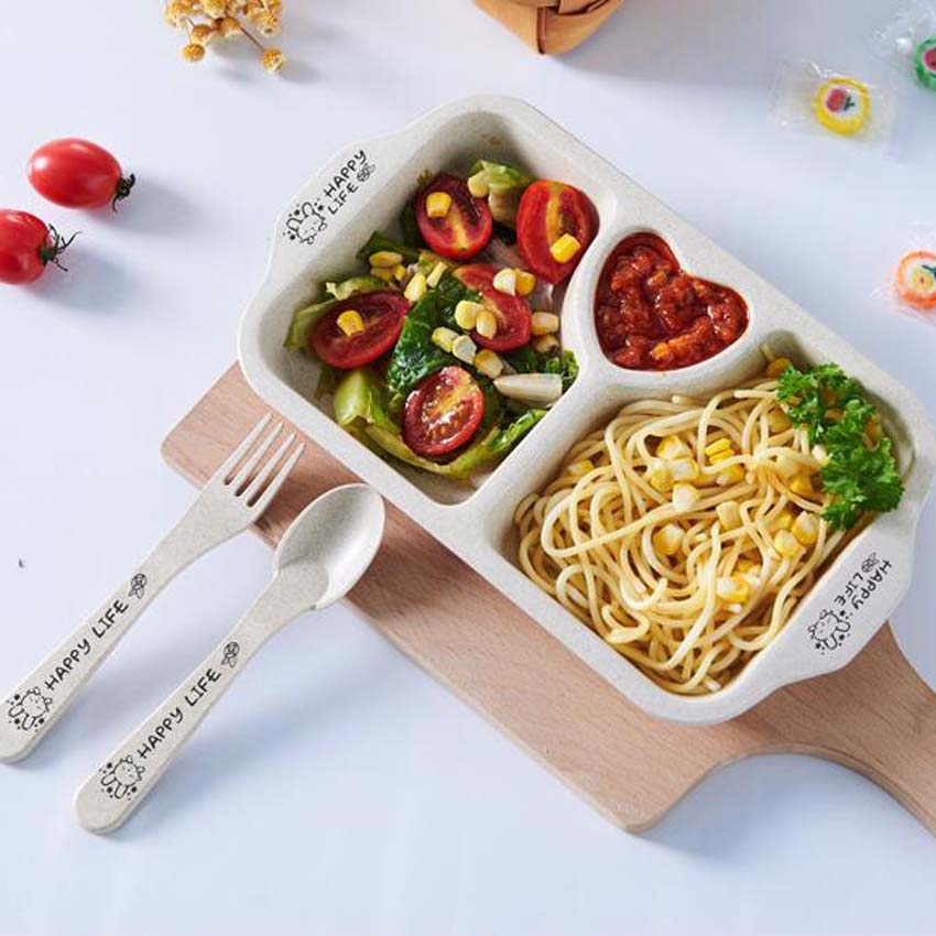 Cartoon Baby Dishes Wheat Fiber Sub-grid Plates Irregular Children Tableware For Infant Toddler Kids Feeding Utensils