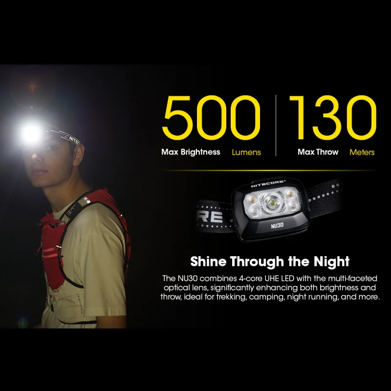 NITECORE NU30 Triple Output Headlamp 500Lumens, UHI LED , Rechargeable For Running Trekking