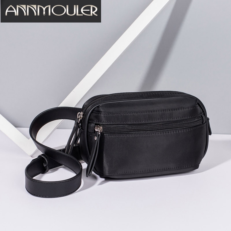 Annmouler Women Fanny Packs Nylon Waist Bag Black Zipper Chest Bag for Girl Phone Pouch Adjustable Belt Bag