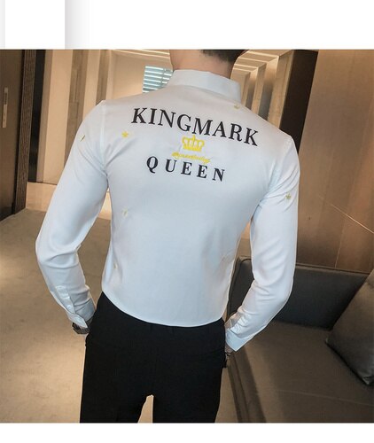 Krone broderi mænd skjorter lange ærmer business formel dress skjorter afslappet slim fit skjorte streetwear camisas para hombre: Hvid / Xxxl
