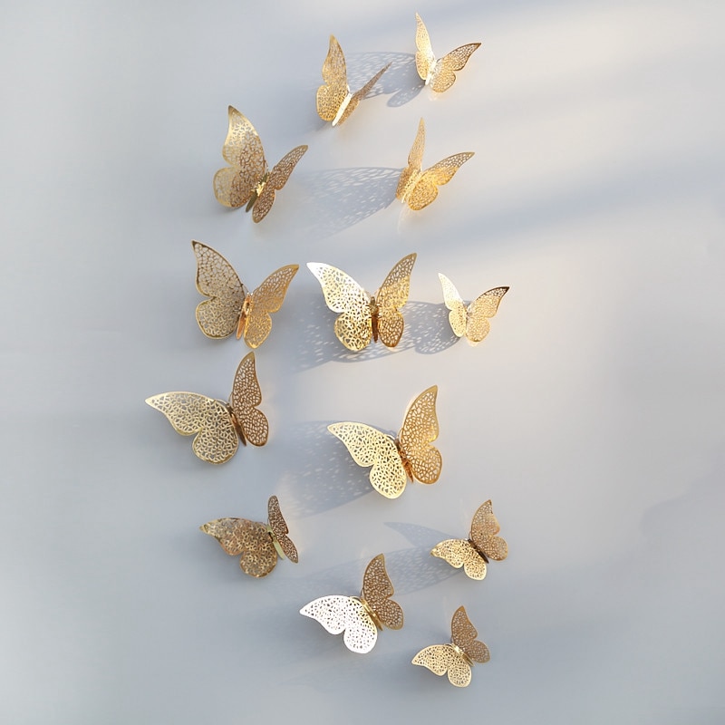12 stuks 3d vlinderbehang voor bruiloftsdecoratie, woonkamerraamdecoratie, huisdecoratie, gouden zilveren vlinderstickers