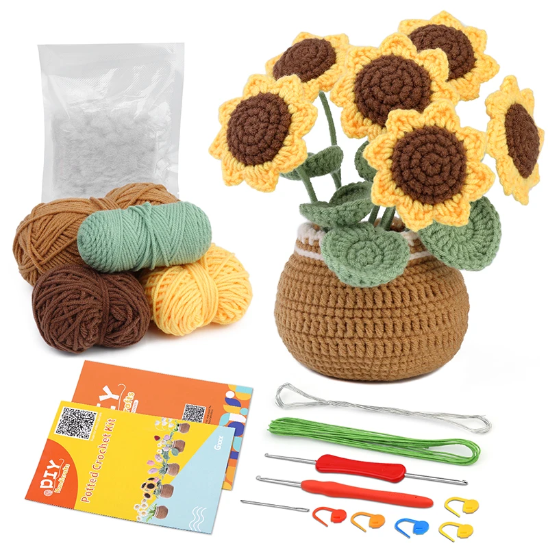 Kit de flores de ganchillo para principiantes con instrucciones, hilo de tejer, agujas de gancho, juego de accesorios de punto fácil, artesanía DIY: Verde oscuro