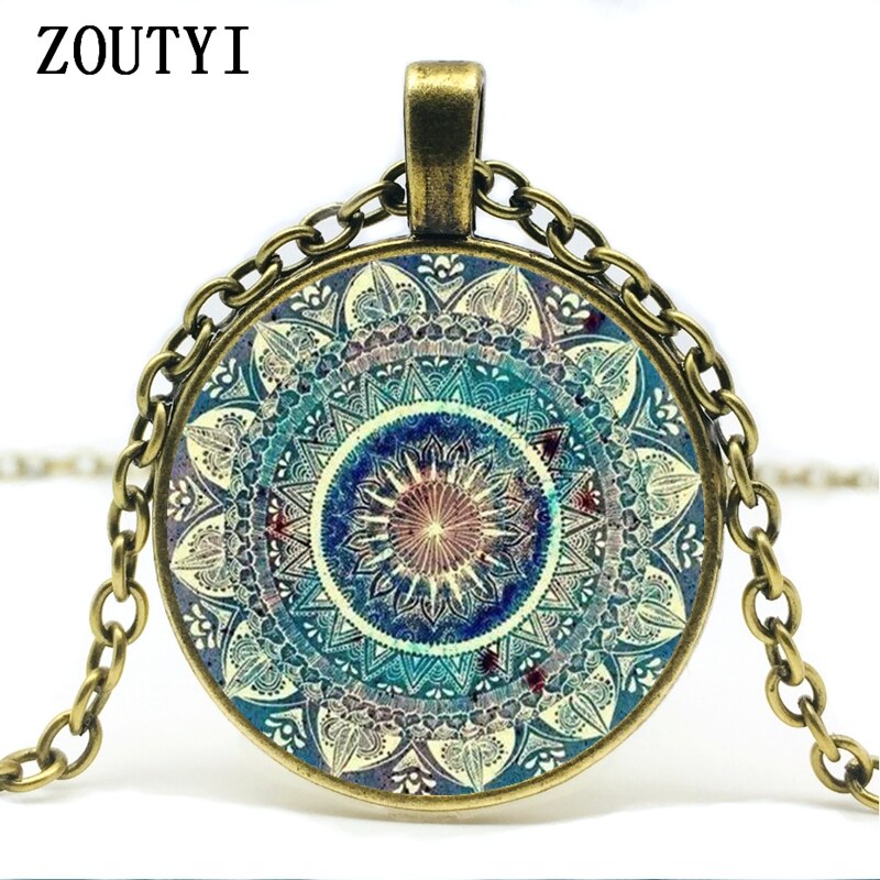 , vintage Boeddhistische chakra glas ronde hanger ketting, Om Indian yoga mandala dragen sieraden: Bronze