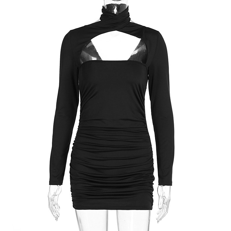 Herbst Schwarz Kleider Frauen Neue Lange Ärmel Rollkragen Kleid sexy Aushöhlen rückenfrei Bodycon Mantel Elegante Dame Kleid